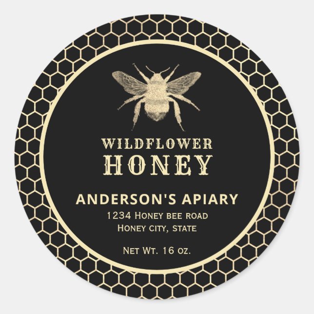 Modern gold  honeybee honey jar label (Front)