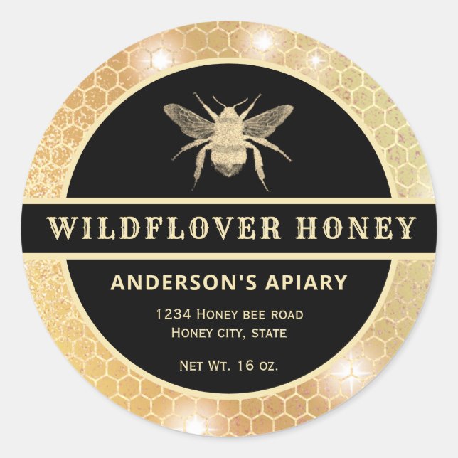 Modern gold  honeybee honey jar label (Front)