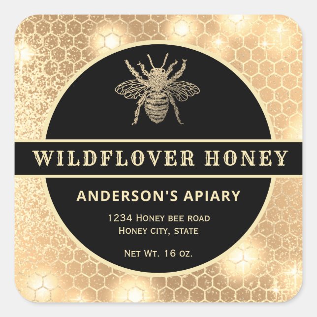Modern gold  honeybee honey jar label (Front)