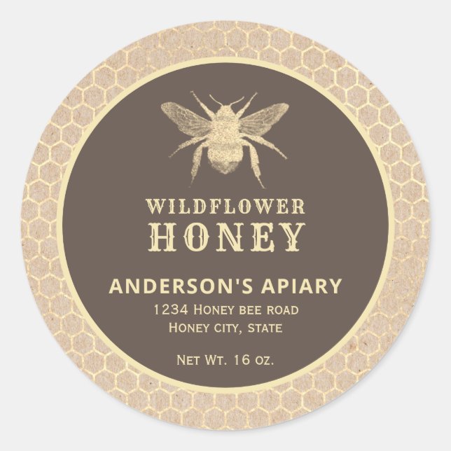 Modern gold  honeybee kraft honey jar label (Front)