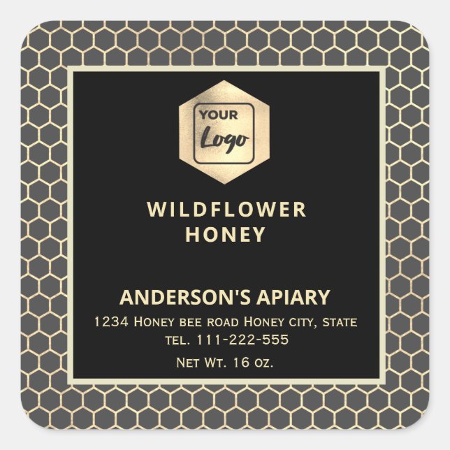 Modern gold  honeycomb honey jar label logo (Front)