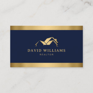 Modern Gold House Logo Real Estate Navy Blue Business Card