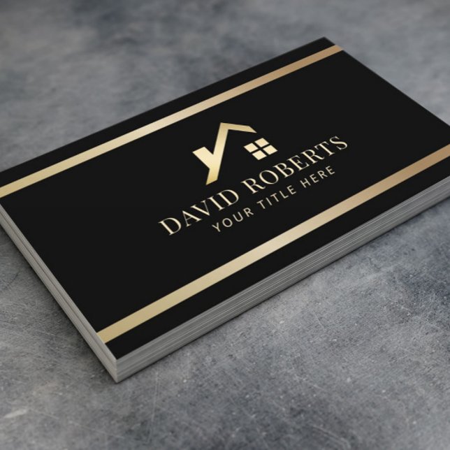 Modern Gold House Logo Real Estate Realtor Black Business Card (Creator Uploaded)