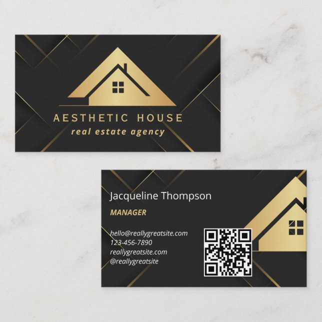 Modern Gold House Logo Real Estate Realtor black Business Card (Front/Back)