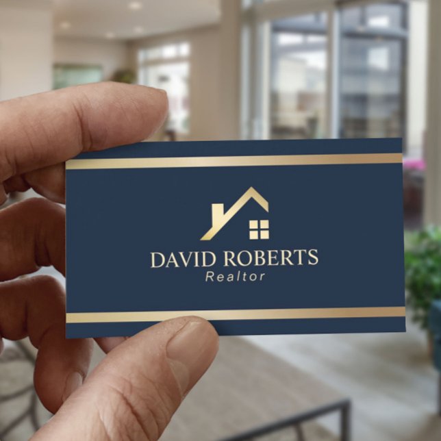 Modern Gold House Logo Real Estate Realtor Navy Business Card (Creator Uploaded)