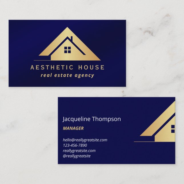 Modern Gold House Logo Real Estate Realtor Navy  Business Card (Front/Back)