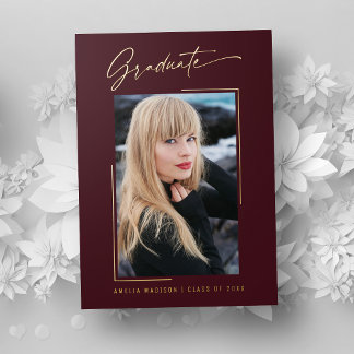 Modern Gold Ink Script Burgundy Grad Photo Card