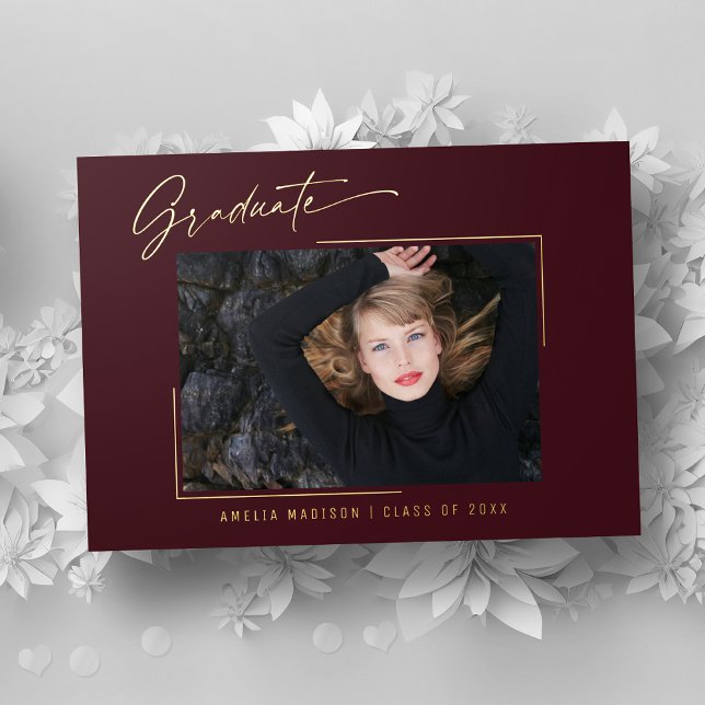 Modern Gold Ink Script Burgundy Photo Grad Card (Creator Uploaded)