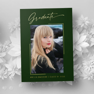 Modern Gold Ink Script Emerald Grad Photo Card