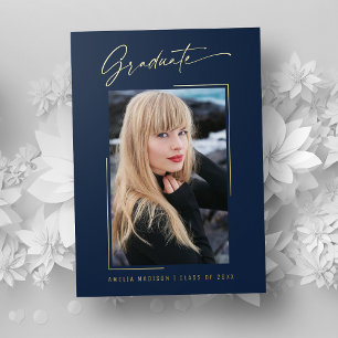Modern Gold Ink Script Navy Blue Grad Photo Card