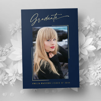 Modern Gold Ink Script Navy Blue Grad Photo Card
