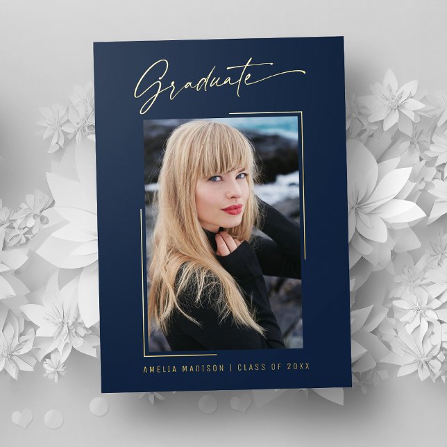 Modern Gold Ink Script Navy Blue Grad Photo Card (Creator Uploaded)