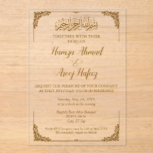 Modern Gold Islamic Muslim Wedding Acrylic Invitations