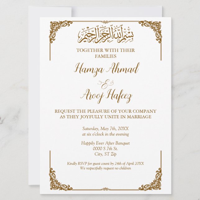 Modern Gold Islamic Muslim Wedding Invitation (Front)