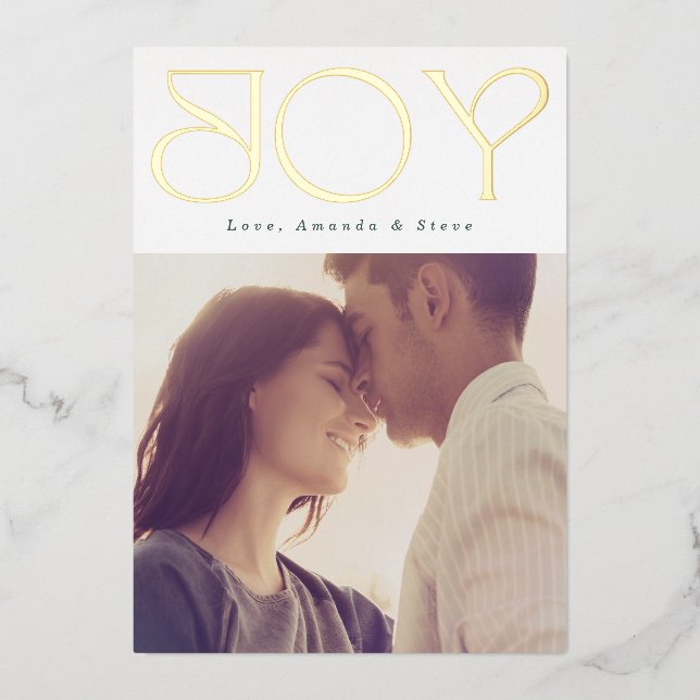 Modern GOLD JOY Christmas Photo Foil Holiday Card (Front)