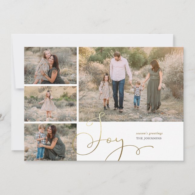 Modern Gold Joy Collage Multi Photo Holiday Card (Front)