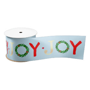 Modern Gold Joy Festive Holly Wreath Blue Satin Ribbon