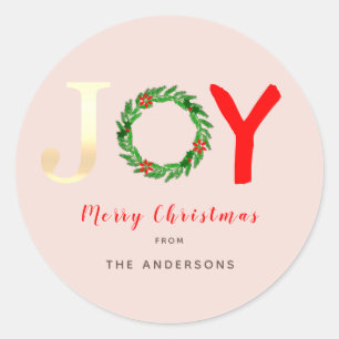 Modern Gold Joy Festive Holly Wreath Pink Classic Round Sticker
