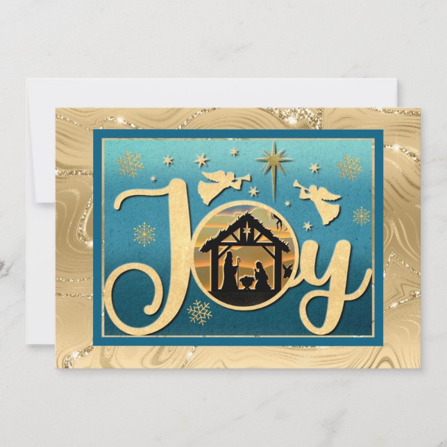 Modern Gold "JOY" Nativity Silhouette Christmas Holiday Card (Front)