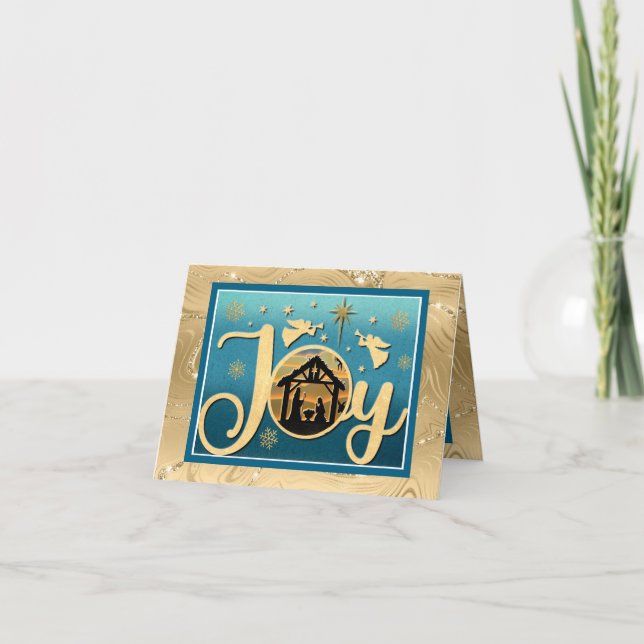 Modern Gold "JOY" Nativity Silhouette Christmas Holiday Card (Front)