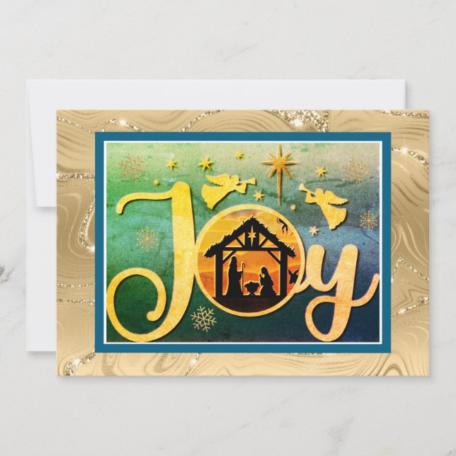 Modern Gold "JOY" Nativity Silhouette Christmas Holiday Card (Front)