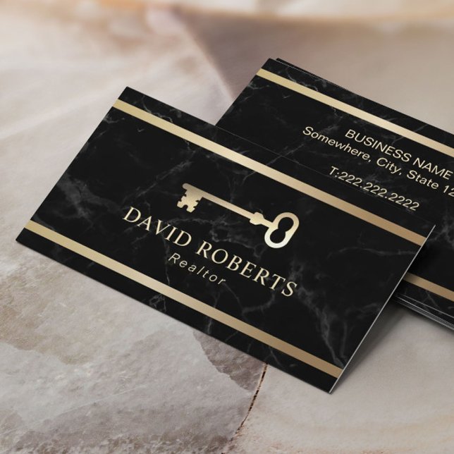 Modern Gold Key Real Estate Realtor Black Marble Business Card (Creator Uploaded)