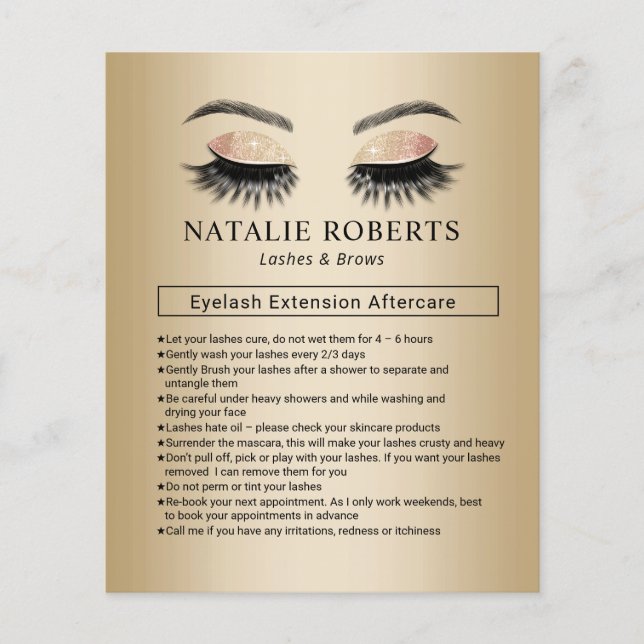 Modern Gold Lash Extensions Aftercare Instruction Flyer (Front)