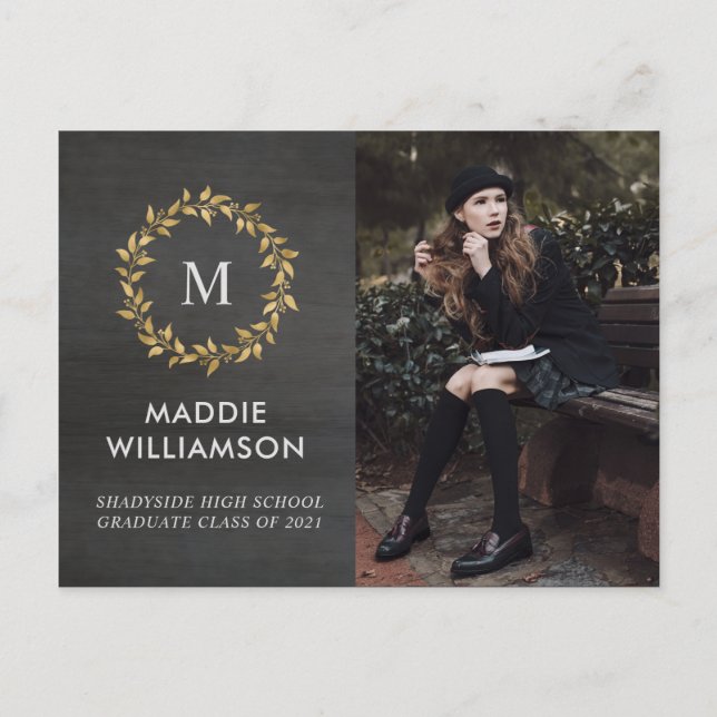 Modern Gold Laurel Wreath Photo Graduation Party  Invitation Postcard (Front)