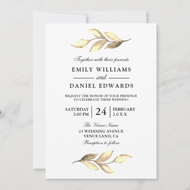 Modern Gold Leaf Elegant Wedding Invite (Front)