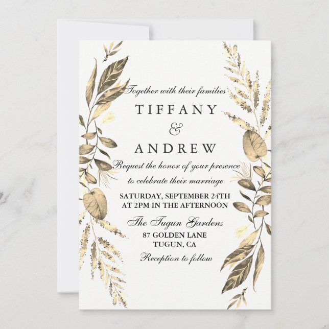 Modern Gold Leaf Fern Wreath Wedding Invite (Front)