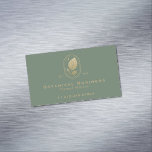 Modern Gold Leaf Minimal Botanical Green Magnetic Business Card