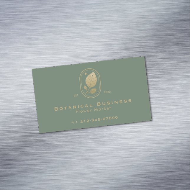 Modern Gold Leaf Minimal Botanical Green Magnetic Business Card (In Situ)