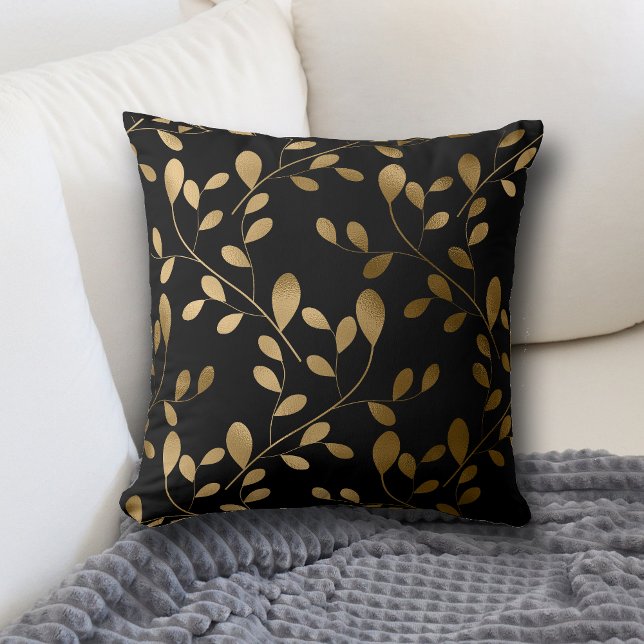 Modern Gold Leaf Pattern on Black Throw Pillow (Creator Uploaded)