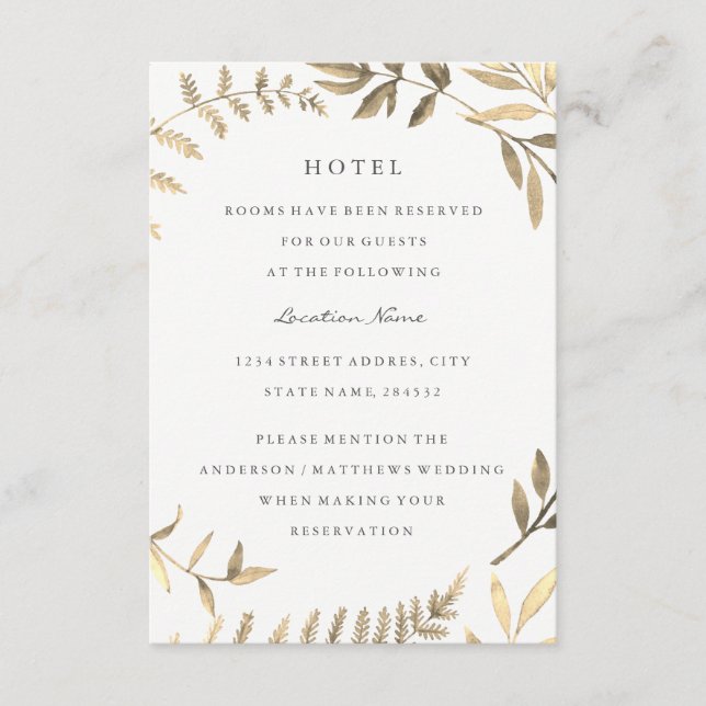 Modern Gold Leaf Wedding Hotel Accommodation Enclosure Card (Front)