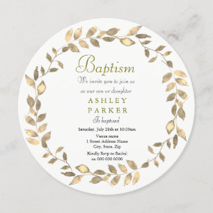 Modern Gold leaf wreath Boy Girl Baptism Invite