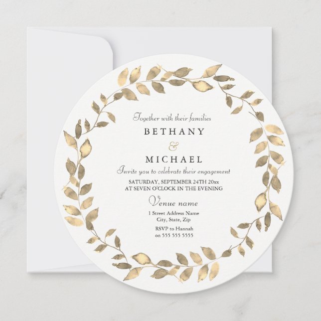 Modern Gold Leaf Wreath Engagement Party Invite (Front)