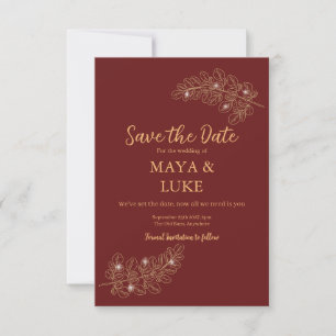 Modern Gold leafs Burgundy Save The Date