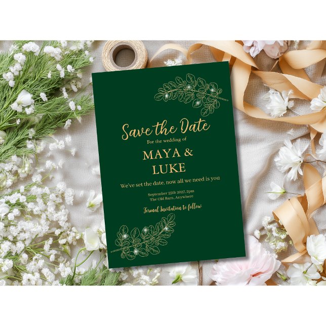 Modern Gold leafs Emerald Save The Date (Creator Uploaded)