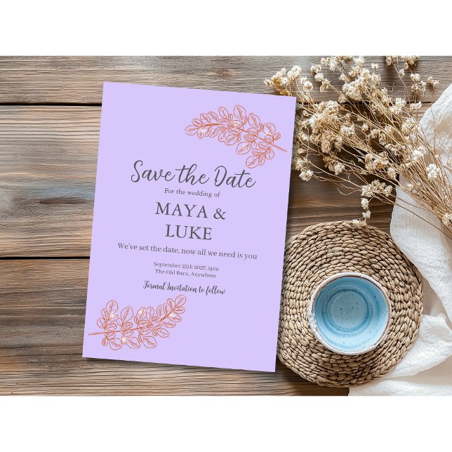 Modern Gold leafs Violet Save The Date (Creator Uploaded)