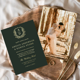 Modern Gold Leafy Crest Monogram Photo Wedding 
