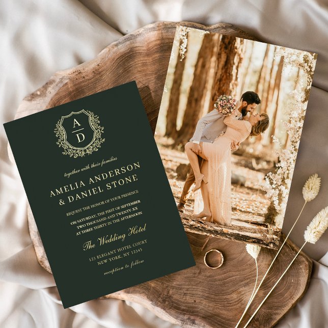 Modern Gold Leafy Crest Monogram Photo Wedding  (Creator Uploaded)