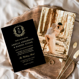 Modern Gold Leafy Crest Monogram Photo Wedding