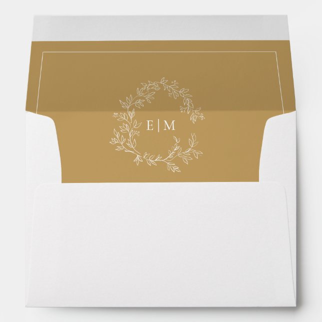 Modern Gold Leafy Crest Monogram Wedding Envelope (Back (Bottom))
