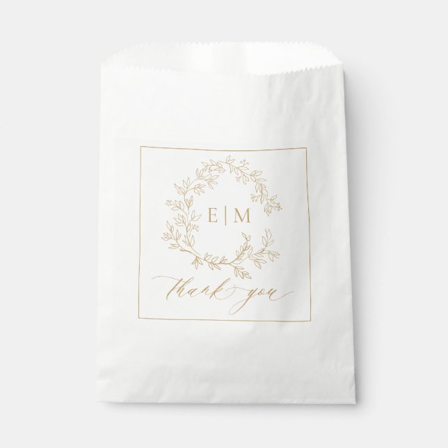 Modern Gold Leafy Crest Monogram Wedding Favour Bags (Front)