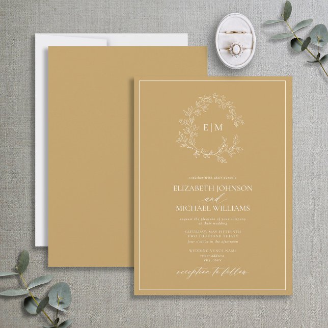 Modern Gold Leafy Crest Monogram Wedding  Invitation (Creator Uploaded)