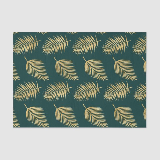 Modern Gold Leaves Against Green Decoupage Tissue Paper (Front)