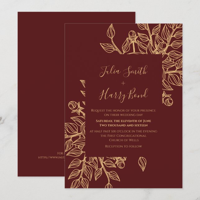 Modern Gold Leaves Burgundy Wedding Invitation (Front/Back)