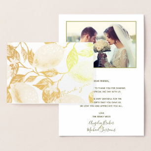 Modern Gold Lemon & Leaves Wedding Thank you Real Foil Card