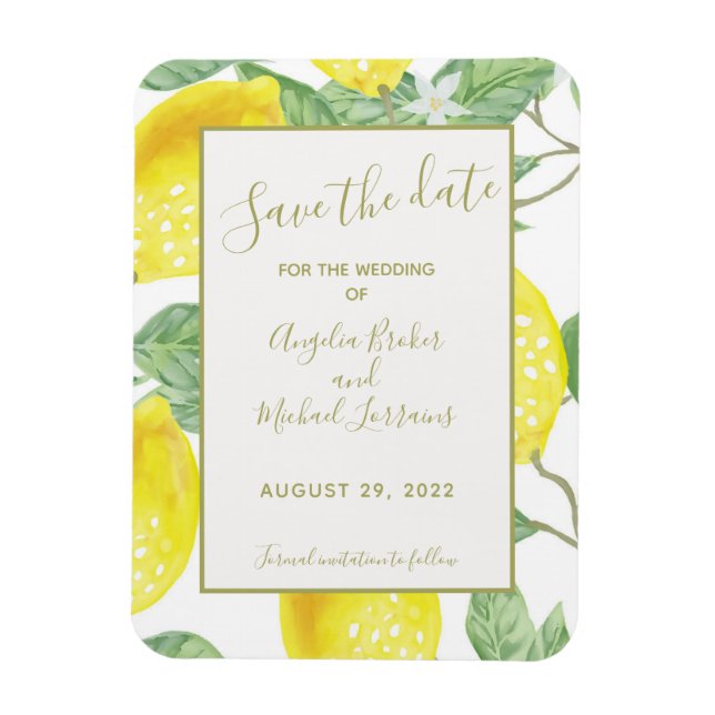 Modern Gold Lemons & Foliage Save The Date  Magnet (Vertical)