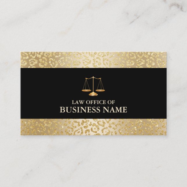 Modern Gold Leopard Border Law Scale Attorney Business Card (Front)